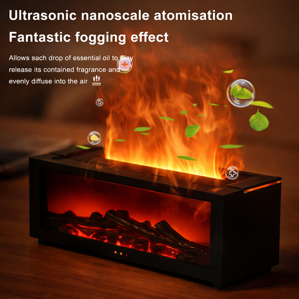 3D Flame Fireplace Aroma Diffuser – Cozy LED Mist Humidifier with Remote