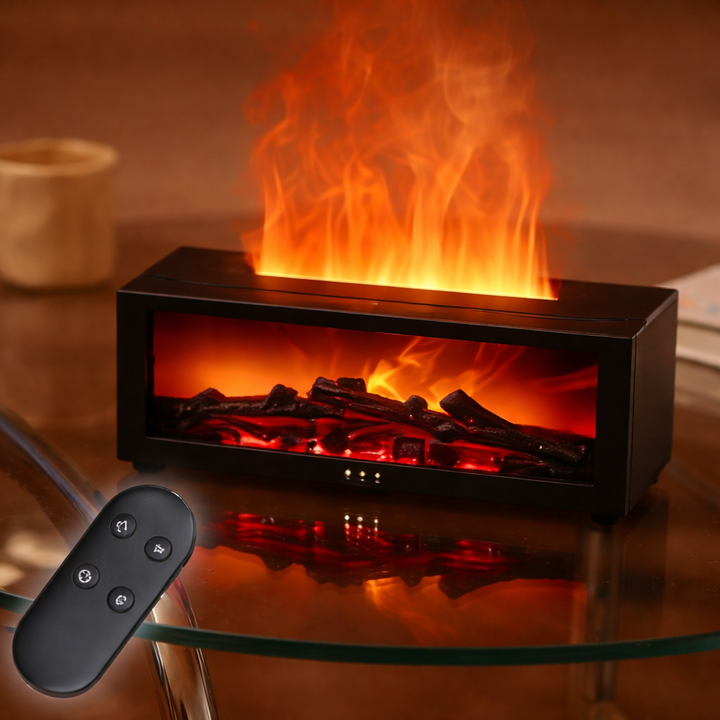 3D Flame Fireplace Aroma Diffuser – Cozy LED Mist Humidifier with Remote