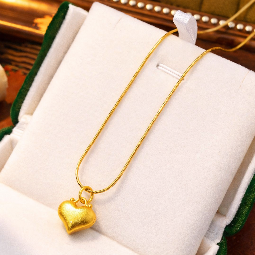 Gold Plated 3D Heart Pendant Necklace Women's Engagement Anniversary Jewelry
