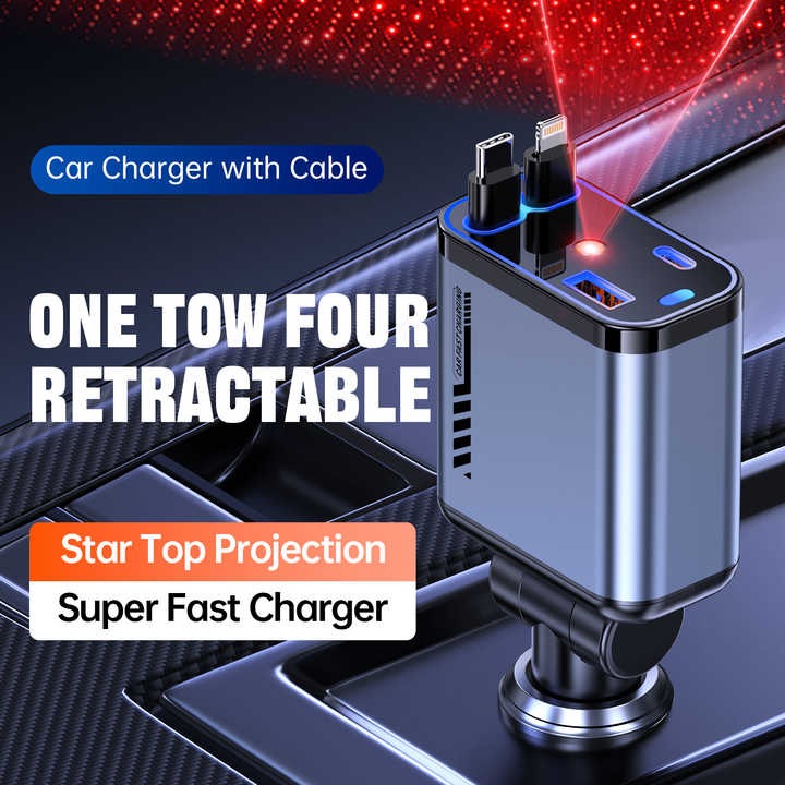 Starlight Retractable 66w Usb C Car Charger, 4-in-1 Fast Charging